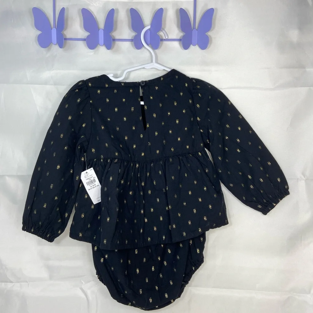 NEW Old Navy baby girl’s black gold pattern blouse matching‎ diaper cover set